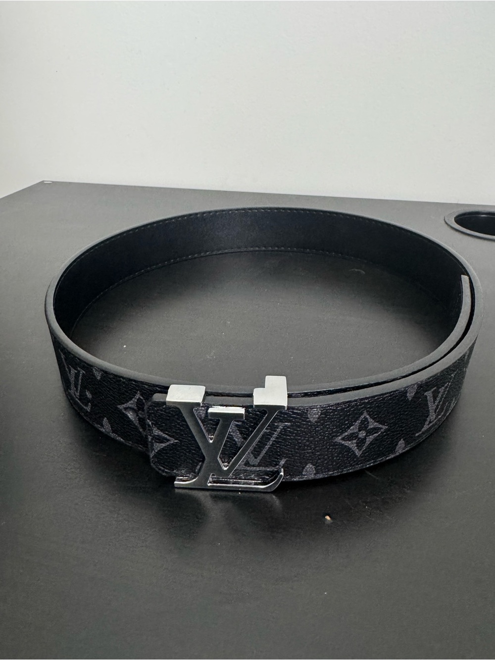 Louis Vuitton Black Monogram Men's Belt with Silver LV Buckle